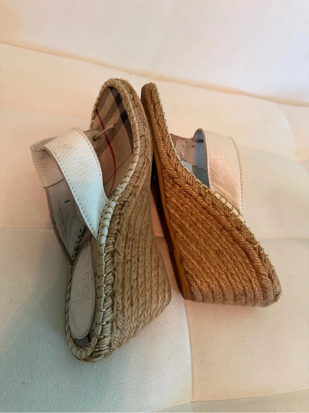 Burberry White Plaid-Insole Wedge Sandals with Leather Thong Strap